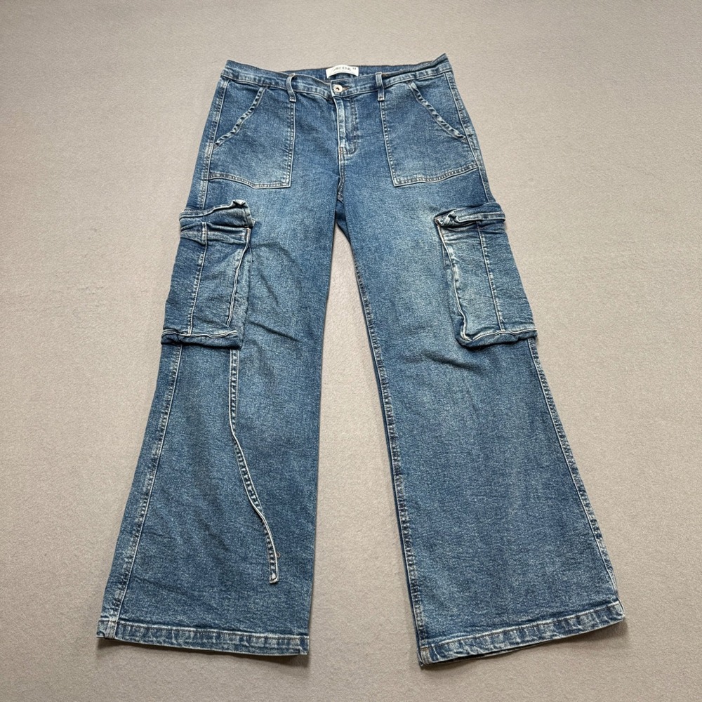 Ardene Cargo Jeans Women's 13 Blue Medium Wash Wide Leg Baggy Fit Streetwear